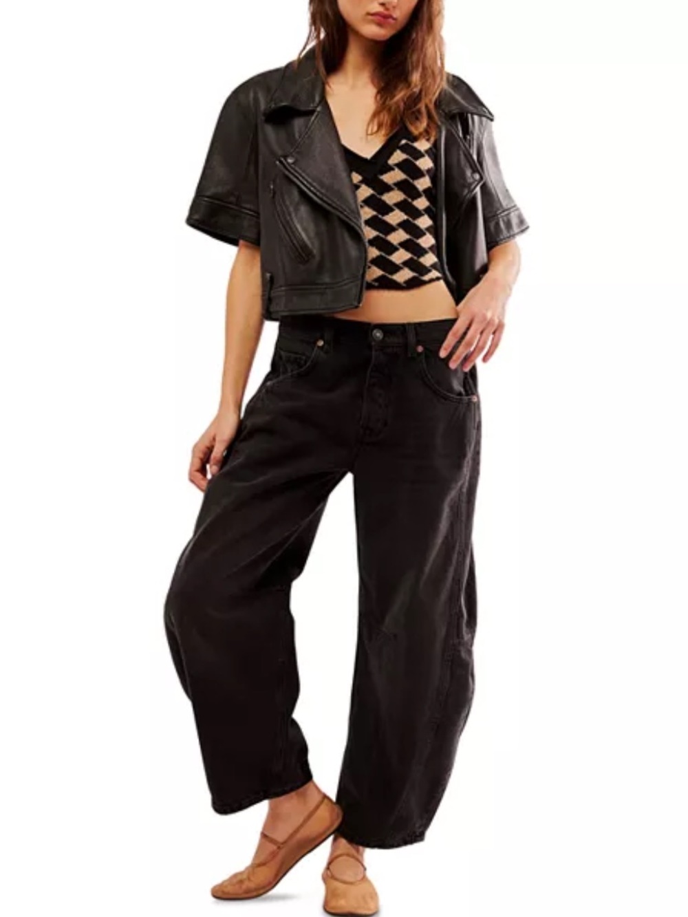 Free People Black and Beige Checkered V-Neck Sweater Vest - Picture 6 of 7